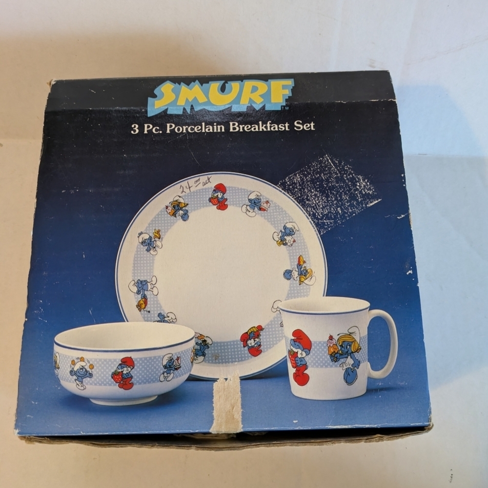 The Smurfs 1982 3-Piece Breakfast Set - Wallace Berrie, Box Included